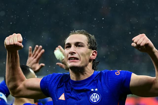 Inter Milan's Italian forward #94 Francesco Pio Esposito celebrates after scoring his team third goal during the Italian Serie A football match between Inter Milan and Pisa at the San Siro Stadium in Milan on January 23, 2026. (Photo by Piero CRUCIATTI / AFP)