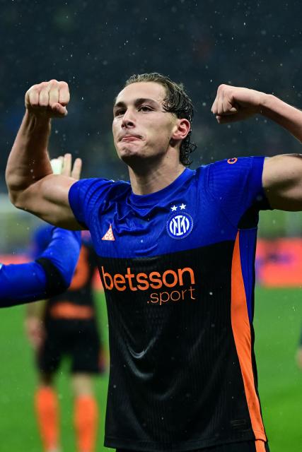 Inter Milan's Italian forward #94 Francesco Pio Esposito celebrates after scoring his team third goal during the Italian Serie A football match between Inter Milan and Pisa at the San Siro Stadium in Milan on January 23, 2026. (Photo by Piero CRUCIATTI / AFP)