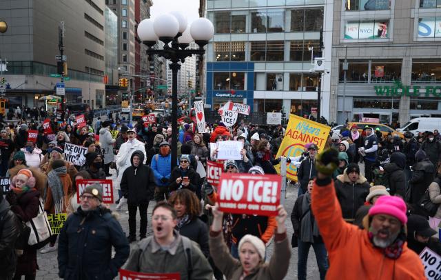 People chant as they march in an "ICE Out" protest in New York on January 23, 2026 against US Immigration and Customs Enforcement (ICE). Demonstrations against ICE grew dramatically following the killing of Renee Nicole Good, 37, by an ICE officer in Minneapolis on January 7 as the Trump administration pressed operations to catch undocumented migrants. (Photo by ANGELA WEISS / AFP)