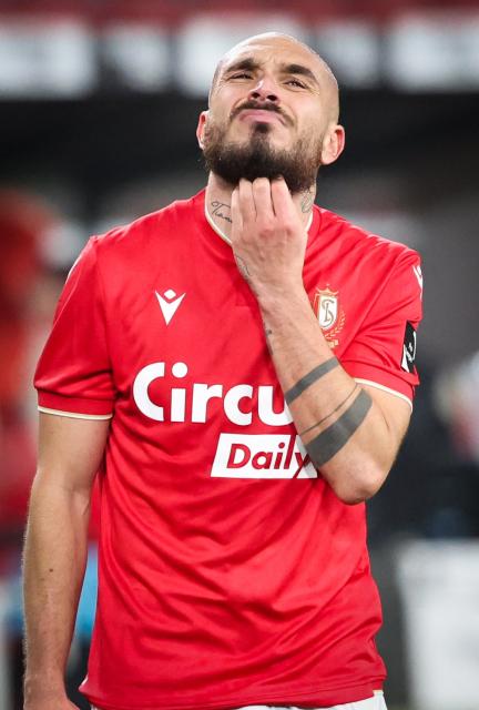 Standard's Teddy Teuma looks dejected at the end of the Belgian Pro League football match between Standard de Liege and KAA Gent at the Maurice Dufrasne Stadium in Liege, on January 23, 2026. (Photo by VIRGINIE LEFOUR / Belga / AFP) / Belgium OUT