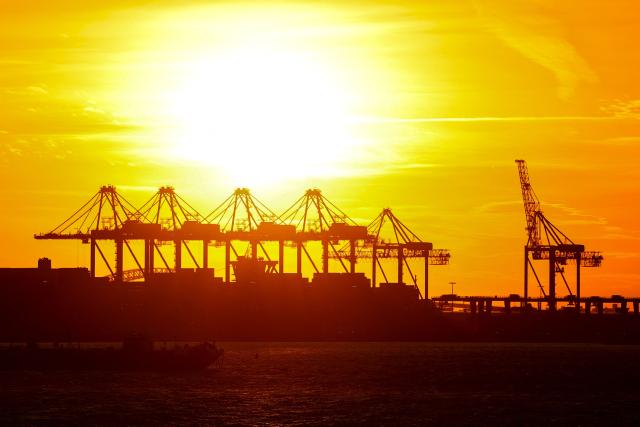 Container loading cranes are seen at the Port Jersey Container Terminal in Jersey City, New Jersey on January 23, 2026. (Photo by CHARLY TRIBALLEAU / AFP)