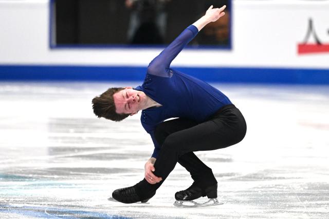 USA’s Liam Kapeikis competes in the men’s short program at the ISU Four Continents figure skating championships in Beijing on January 24, 2026. (Photo by Greg Baker / AFP)