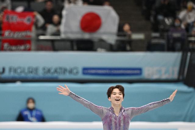 Japan’s Kazuki Tomono reacts after skating in the men’s short program at the ISU Four Continents Figure Skating Championships in Beijing on January 24, 2026. (Photo by GREG BAKER / AFP)