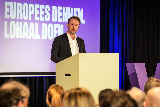 Member of the European Parliament Reinier van Lanschot speaks during the Volt's party national  conference in Utrecht on January 24, 2026, in the run-up to the municipal elections. (Photo by Dingena Mol / ANP / AFP) / Netherlands OUT