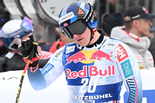 Norway's Adrian Smiseth Sejersted reacts in the finish area during the Men's Downhill event of the FIS Alpine Skiing World Cup in Kitzbuhel, Austria, on January 24, 2026. (Photo by BARBARA GINDL / APA / AFP) / Austria OUT