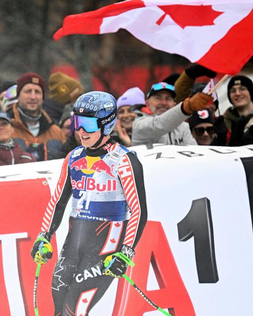 Canada's Brodie Seger reacts in the finish area during the Men's Downhill event of the FIS Alpine Skiing World Cup in Kitzbuhel, Austria, on January 24, 2026. (Photo by BARBARA GINDL / APA / AFP) / Austria OUT