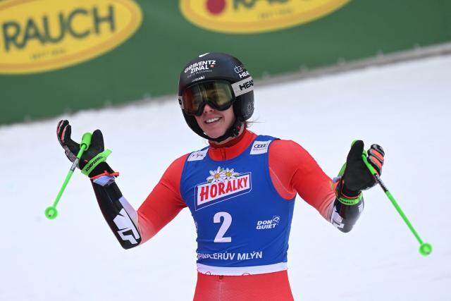Switzerland's Camille Rast reacts in the finishing area after competing in the second run of the Women's Giant Slalom event of FIS Alpine Skiing World Cup in Spindleruv Mlyn on January 24, 2026. (Photo by Michal Cizek / AFP)