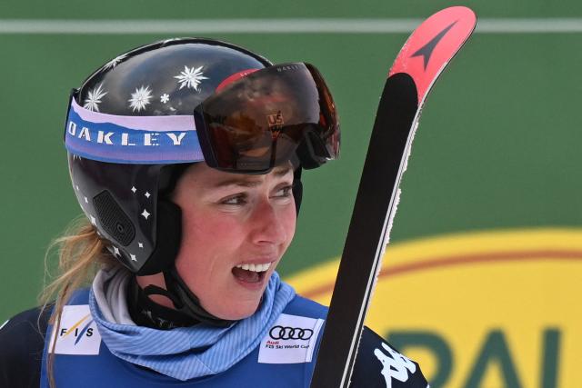 US' Mikaela Shiffrin reacts in the finishing area after competing in the second run of the Women's Giant Slalom event of FIS Alpine Skiing World Cup in Spindleruv Mlyn on January 24, 2026. (Photo by Michal Cizek / AFP)