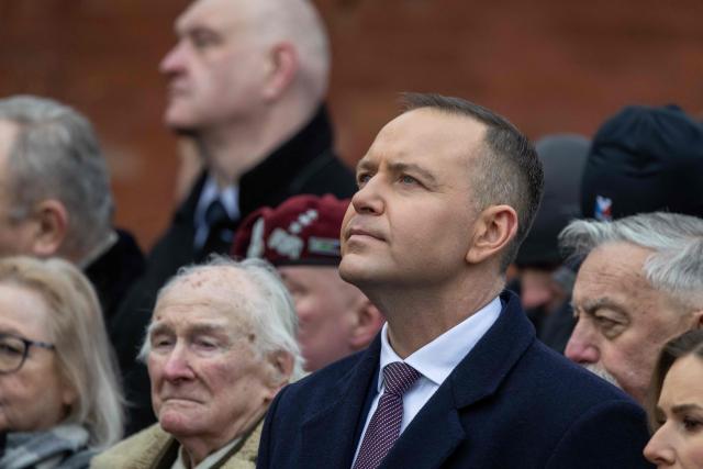 Poland's President Karol Nawrocki looks on during ceremonies marking the 163th anniversary of January Uprising - a Polish-led insurrection in 1863–1864 against the Russian Empire, at the Execution Gate at the 19th century Warsaw Citadel on January 24, 2025. (Photo by Wojtek RADWANSKI / AFP)