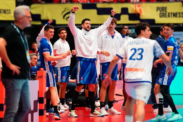 France's players celebrate during the men's EHF Euro 2026 main round handball match France vs Portugal in Herning, Denmark, on January 24, 2026. (Photo by Sebastian Elias Uth / Ritzau Scanpix / AFP) / Denmark OUT