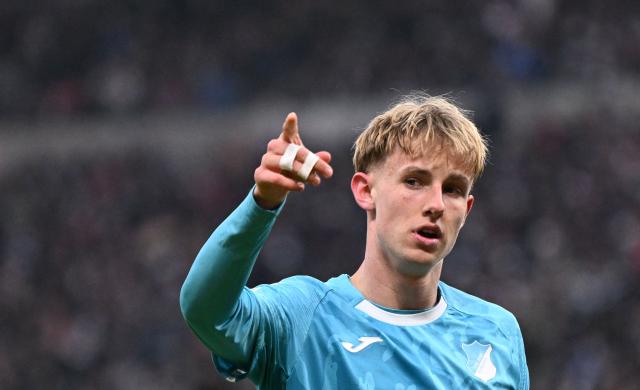 Hoffenheim's German forward #33 Max Moerstedt celebrates his 1-1 during the German first division Bundesliga football match between Eintracht Frankfurt and TSG 1899 Hoffenheim in Frankfurt am Main, western Germany, on January 24, 2026. (Photo by Kirill KUDRYAVTSEV / AFP) / DFL REGULATIONS PROHIBIT ANY USE OF PHOTOGRAPHS AS IMAGE SEQUENCES AND/OR QUASI-VIDEO