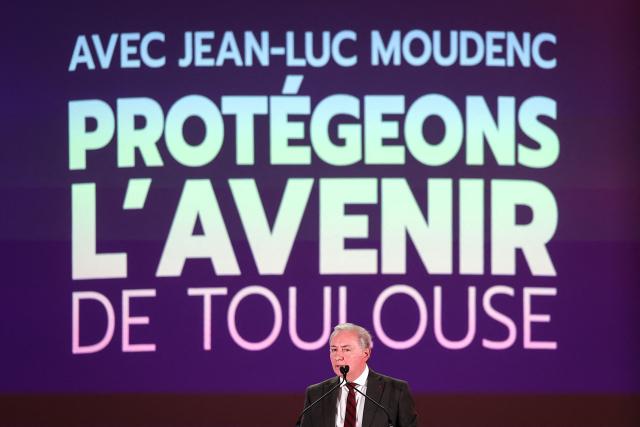 Toulouse's Mayor Jean-Luc Moudenc speaks on stage during a campaign rally for re-election in the forthcoming municipal elections under the Protegeons l'avenir list, in Toulouse, on January 24, 2026. (Photo by Valentine CHAPUIS / AFP)