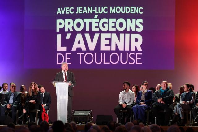 Toulouse's Mayor Jean-Luc Moudenc speaks on stage during a campaign rally for re-election in the forthcoming municipal elections under the Protegeons l'avenir list, in Toulouse, on January 24, 2026. (Photo by Valentine CHAPUIS / AFP)