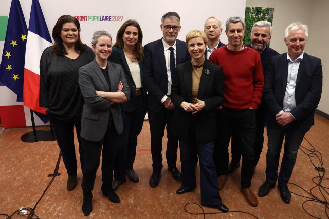 (From L) French lawyer Raquel Garrido (L), French civil servant and economist Lucie Castets, National secretary of French left-wing The Ecologistes party Marine Tondelier, First secretary of the French Socialist Party Olivier Faure, French politician Clementine Autain, Socialistes et Apparentes' MP Laurent Baumel, Ecologiste et Social's MP Francois Ruffin, Ecologiste et Social's MP Alexis Corbiere and Ecologiste et Social's MP Charles Fournier take part in a press conference as part of the campaign support for a local candidate of the upcoming municipal elections in Tours, western France on January 24, 2026. (Photo by ROMAIN PERROCHEAU / AFP)