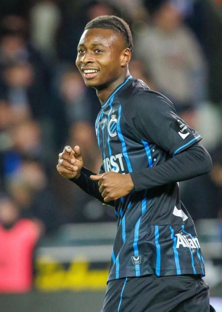 Club Brugge's French forward #67 Mamadou Diakhon celebrates after scoring his team's second goal during the Belgian "Pro League" First Division football match between Club Brugge KV and Zulte Waregem at the Jan Breydel Stadium in Bruges on January 24, 2026. (Photo by KURT DESPLENTER / BELGA / AFP) / Belgium OUT