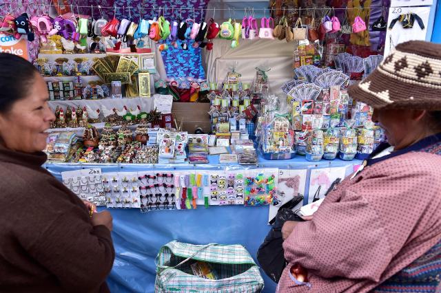 Visitors check products for sale during the Alasitas indigenous festivity fair in La Paz on January 24, 2026. The festivity pays homage to the Aymaran god 'Ekeko' that according to the Andean tradition, provides earthly wealth and pleases the requests of its worshipers, who buy miniature goods representing their hopes for the coming year. (Photo by Jorge BERNAL / AFP)