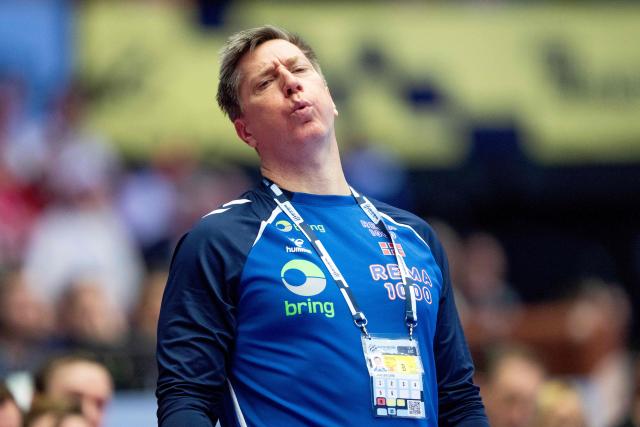 Norway's coach Jonas Wille reacts during the men's EHF Euro 2026 main round handball match Germany vs Norway in Herning, Denmark, on January 24, 2026. (Photo by Bo Amstrup / Ritzau Scanpix / AFP) / Denmark OUT