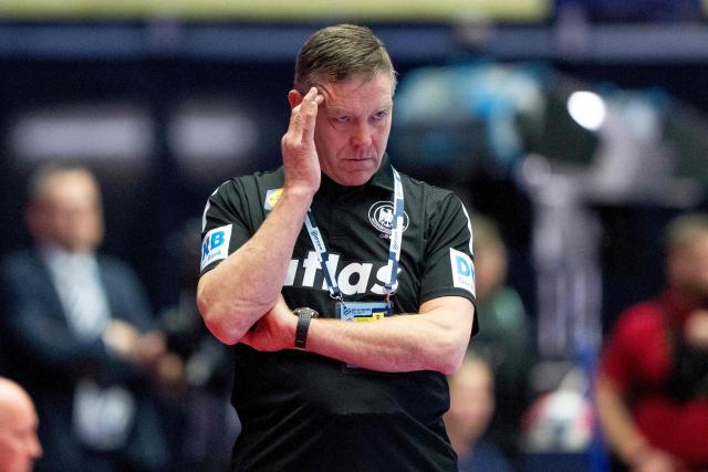 Germany's coach Alfred Gislason reacts during the men's EHF Euro 2026 main round handball match Germany vs Norway in Herning, Denmark, on January 24, 2026. (Photo by Bo Amstrup / Ritzau Scanpix / AFP) / Denmark OUT