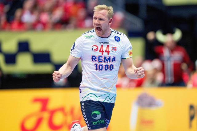 Norway's right winger #44 Kevin Maagero Gulliksen celebrates during the men's EHF Euro 2026 main round handball match Germany vs Norway in Herning, Denmark, on January 24, 2026. (Photo by Bo Amstrup / Ritzau Scanpix / AFP) / Denmark OUT
