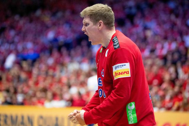 Norway's goalkeeper #01 Robin Paulsen Haug reacts after a save during the men's EHF Euro 2026 main round handball match Germany vs Norway in Herning, Denmark, on January 24, 2026. (Photo by Bo Amstrup / Ritzau Scanpix / AFP) / Denmark OUT