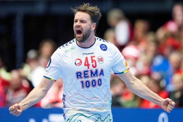 Norway's right back #45 Simen Nicola Schoenningsen celebrates during the men's EHF Euro 2026 main round handball match Germany vs Norway in Herning, Denmark, on January 24, 2026. (Photo by Bo Amstrup / Ritzau Scanpix / AFP) / Denmark OUT