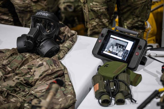 Military equipment, is displayed during an open day aboard the Royal Danish Navy patrol vessel HDMS Vædderen (F359) in Nuuk, Greenland, on January 24, 2026. HDMS (His Danish Majesty's Ship) Vaedderen (F359) is a Thetis-class ocean patrol vessel of the Royal Danish Navy. The vessel is employed to exercise Danish sovereignty in waters around the Faroe Islands and Greenland. (Photo by Jonathan NACKSTRAND / AFP)