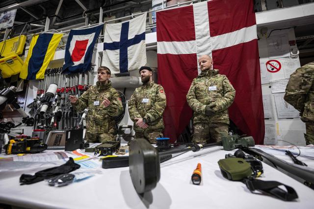Military equipment, is displayed during an open day aboard the Royal Danish Navy patrol vessel HDMS Vædderen (F359) in Nuuk, Greenland, on January 24, 2026. HDMS (His Danish Majesty's Ship) Vaedderen (F359) is a Thetis-class ocean patrol vessel of the Royal Danish Navy. The vessel is employed to exercise Danish sovereignty in waters around the Faroe Islands and Greenland. (Photo by Jonathan NACKSTRAND / AFP)