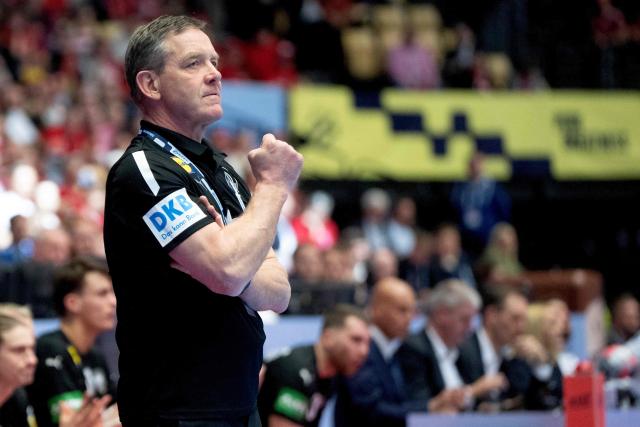 Germany's coach Alfred Gislason reacts during the men's EHF Euro 2026 main round handball match Germany vs Norway in Herning, Denmark, on January 24, 2026. (Photo by Bo Amstrup / Ritzau Scanpix / AFP) / Denmark OUT