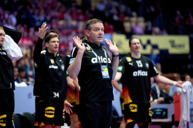 Germany's coach Alfred Gislason reacts during the men's EHF Euro 2026 main round handball match Germany vs Norway in Herning, Denmark, on January 24, 2026. (Photo by Bo Amstrup / Ritzau Scanpix / AFP) / Denmark OUT
