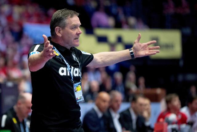 Germany's coach Alfred Gislason reacts during the men's EHF Euro 2026 main round handball match Germany vs Norway in Herning, Denmark, on January 24, 2026. (Photo by Bo Amstrup / Ritzau Scanpix / AFP) / Denmark OUT