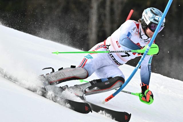 Norway's Timon Haugan races during the Men's slalom event of the FIS Alpine Skiing World Cup in Kitzbuehel, Austria, on January 25, 2026. (Photo by Joe Klamar / AFP)