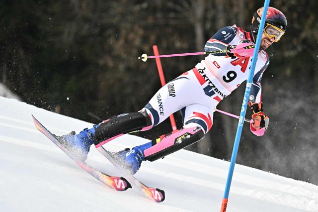 Norway's Timon Haugan races during the Men's slalom event of the FIS Alpine Skiing World Cup in Kitzbuehel, Austria, on January 25, 2026. (Photo by Joe Klamar / AFP)