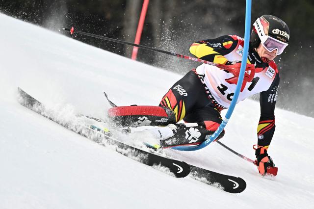 Belgium's Armand Marchant races during the Men's slalom event of the FIS Alpine Skiing World Cup in Kitzbuehel, Austria, on January 25, 2026. (Photo by Joe Klamar / AFP)