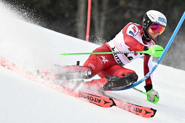 Austria's Fabio Gstrein races during the Men's slalom event of the FIS Alpine Skiing World Cup in Kitzbuehel, Austria, on January 25, 2026. (Photo by Joe Klamar / AFP)