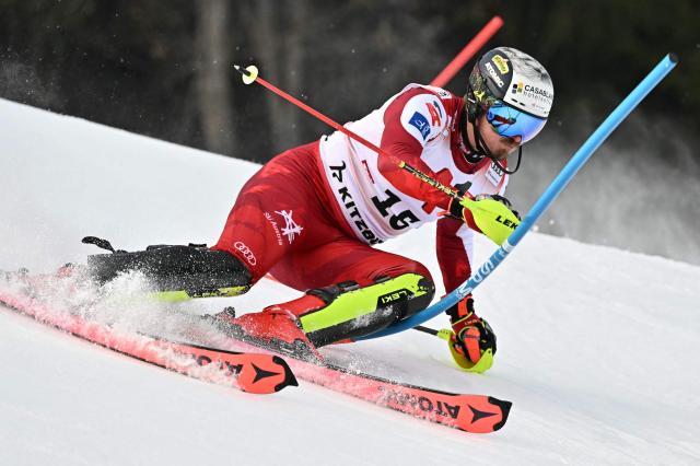 Austria's Manuel Feller races during the Men's slalom event of the FIS Alpine Skiing World Cup in Kitzbuehel, Austria, on January 25, 2026. (Photo by Joe Klamar / AFP)