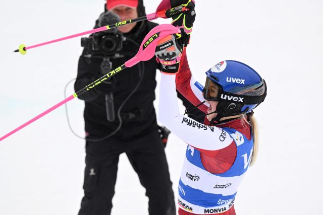 Austria's Katharina Truppe reacts at the finish after the second run of the Women' Slalom event of FIS Alpine Skiing World Cup in Spindleruv Mlyn, Czech Republic on January 25, 2026. (Photo by Michal Cizek / AFP)