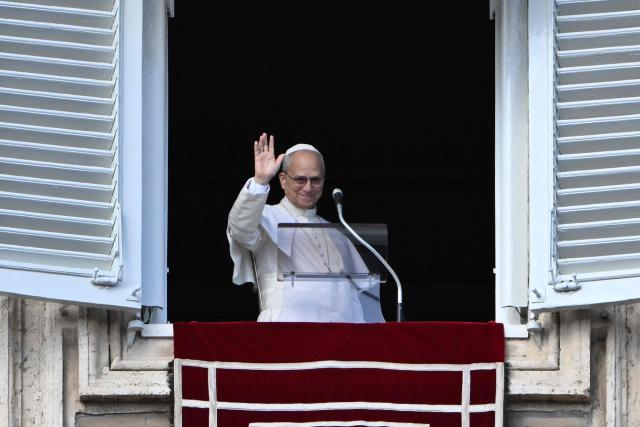 Pope Leo XIV blesses the crowd from the window of the apostolic palace overlooking St. Peter's square during the Angelus prayer in the Vatican on January 25, 2026. (Photo by Andreas SOLARO / AFP)