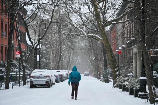 A person walks down a residential street as snow falls in the Brooklyn borough of New York City on January 25, 2026. A massive winter storm on January 24 dumped snow and freezing rain from New Mexico to North Carolina as it swept across the United States towards the northeast, threatening tens of millions of Americans with blackouts, transportation chaos and bone-chilling cold. After battering the country's southwest and central areas, the storm system began to hit the heavily populated mid-Atlantic and northeastern states as a frigid air mass settled in across the nation. (Photo by ANGELA WEISS / AFP)