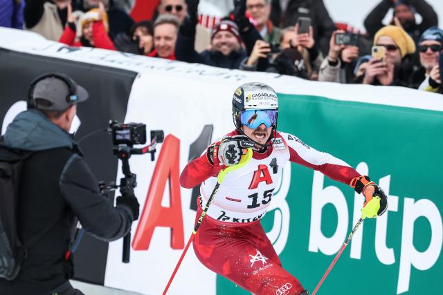 Austria's Manuel Feller reacts in the finish area during the Men's slalom event of the FIS Alpine Skiing World Cup in Kitzbuehel, Austria, on January 25, 2026. (Photo by Johann GRODER / various sources / AFP) / Austria OUT