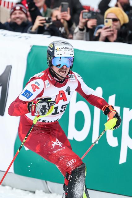 Austria's Manuel Feller reacts in the finish area during the Men's slalom event of the FIS Alpine Skiing World Cup in Kitzbuehel, Austria, on January 25, 2026. (Photo by Johann GRODER / various sources / AFP) / Austria OUT