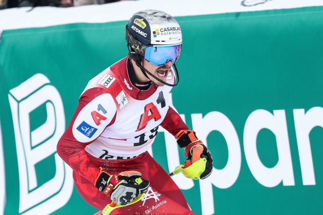 Austria's Manuel Feller reacts in the finish area during the Men's slalom event of the FIS Alpine Skiing World Cup in Kitzbuehel, Austria, on January 25, 2026. (Photo by Johann GRODER / various sources / AFP) / Austria OUT