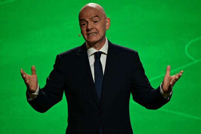 FIFA President Gianni Infantino speaks during the unveiling ceremony for the logo of the 2027 FIFA Women's World Cup in Rio de Janeiro, Brazil on January 25, 2026. (Photo by Pablo PORCIUNCULA / AFP)