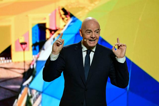 FIFA President Gianni Infantino speaks during the unveiling ceremony for the logo of the 2027 FIFA Women's World Cup in Rio de Janeiro, Brazil on January 25, 2026. (Photo by Pablo PORCIUNCULA / AFP)