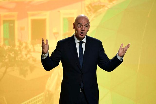 FIFA President Gianni Infantino speaks during the unveiling ceremony for the logo of the 2027 FIFA Women's World Cup in Rio de Janeiro, Brazil on January 25, 2026. (Photo by Pablo PORCIUNCULA / AFP)