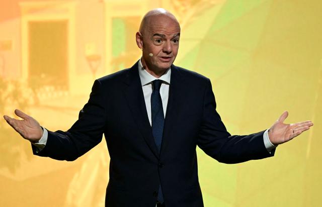FIFA President Gianni Infantino speaks during the unveiling ceremony for the logo of the 2027 FIFA Women's World Cup in Rio de Janeiro, Brazil on January 25, 2026. (Photo by Pablo PORCIUNCULA / AFP)