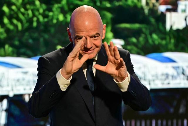 FIFA President Gianni Infantino speaks during the unveiling ceremony for the logo of the 2027 FIFA Women's World Cup in Rio de Janeiro, Brazil on January 25, 2026. (Photo by Pablo PORCIUNCULA / AFP)