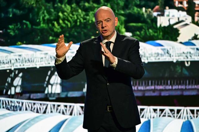 FIFA President Gianni Infantino speaks during the unveiling ceremony for the logo of the 2027 FIFA Women's World Cup in Rio de Janeiro, Brazil on January 25, 2026. (Photo by Pablo PORCIUNCULA / AFP)