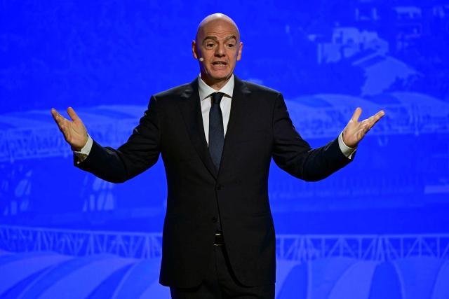 FIFA President Gianni Infantino speaks during the unveiling ceremony for the logo of the 2027 FIFA Women's World Cup in Rio de Janeiro, Brazil on January 25, 2026. (Photo by Pablo PORCIUNCULA / AFP)