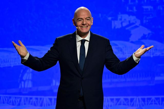 FIFA President Gianni Infantino speaks during the unveiling ceremony for the logo of the 2027 FIFA Women's World Cup in Rio de Janeiro, Brazil on January 25, 2026. (Photo by Pablo PORCIUNCULA / AFP)