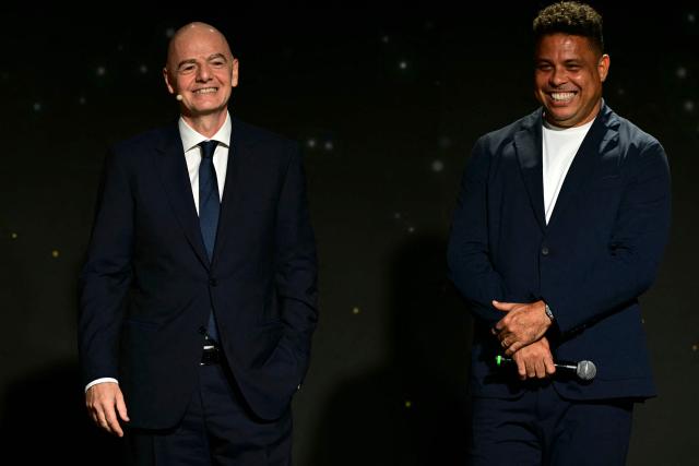 FIFA President Gianni Infantino and Brazil's former football star Ronaldo attend the 2027 FIFA Women's World Cup launch ceremony in Rio de Janeiro, Brazil on January 25, 2026. (Photo by Pablo PORCIUNCULA / AFP)